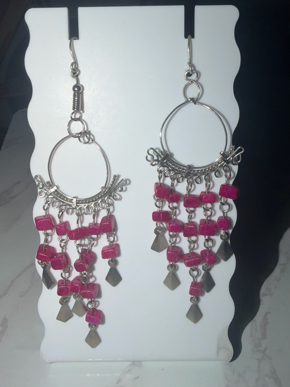 Silver-Tone Hoop Earrings with Fuchsia Bead Tassels